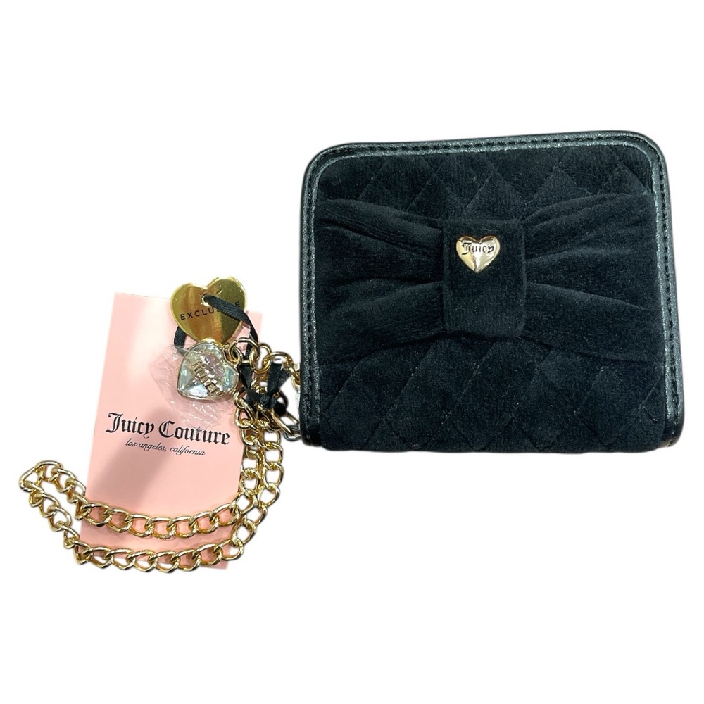 NWT Juicy Couture Velvet Black Tied With A Bow Quilted Wallet with Gold Chain
